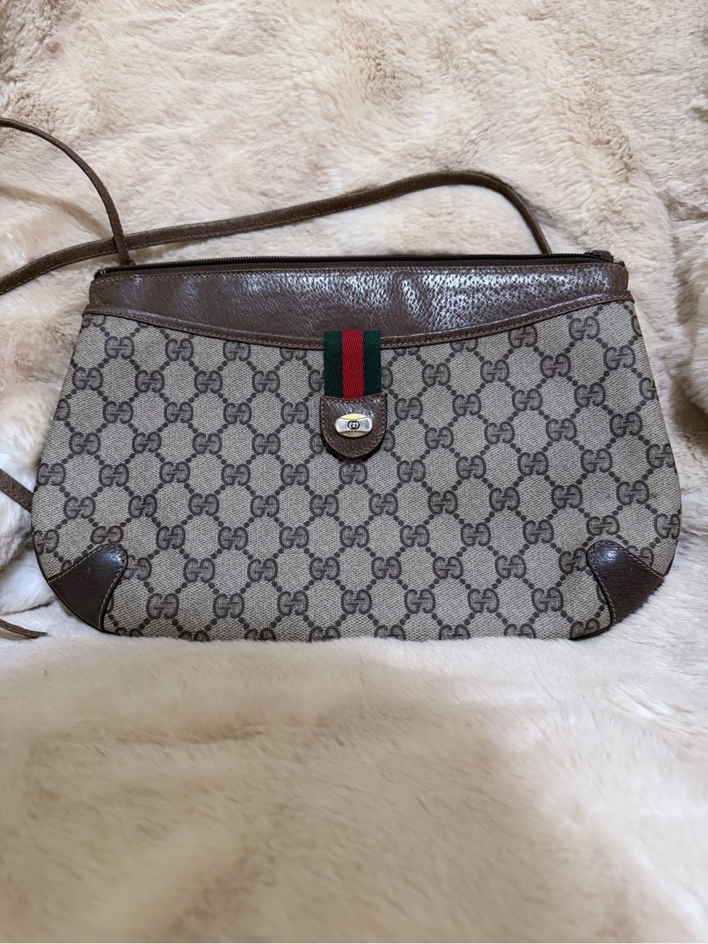 Gucci Brown GG Canvas Crossbody Bag with Web Stripe